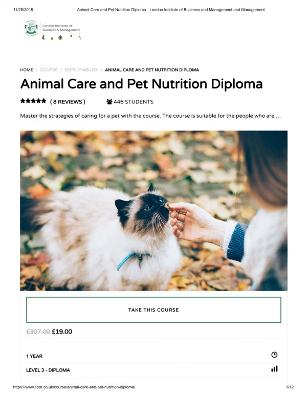 Animal Care and Pet Nutrition Diploma - LIBM