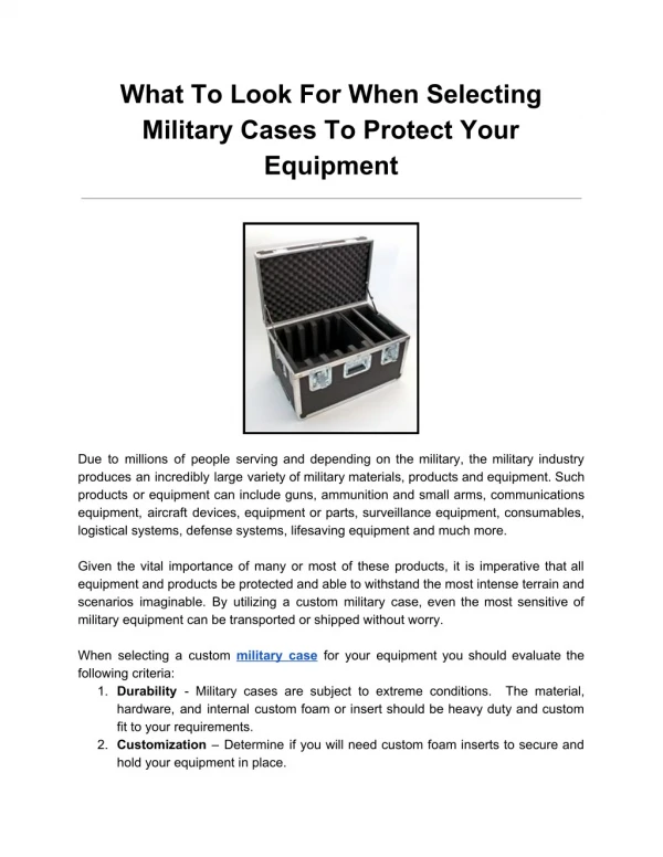 What to look for when selecting Military Cases to protect your equipment