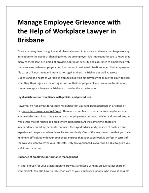 Manage Employee Grievance with the Help of Workplace Lawyer in Brisbane