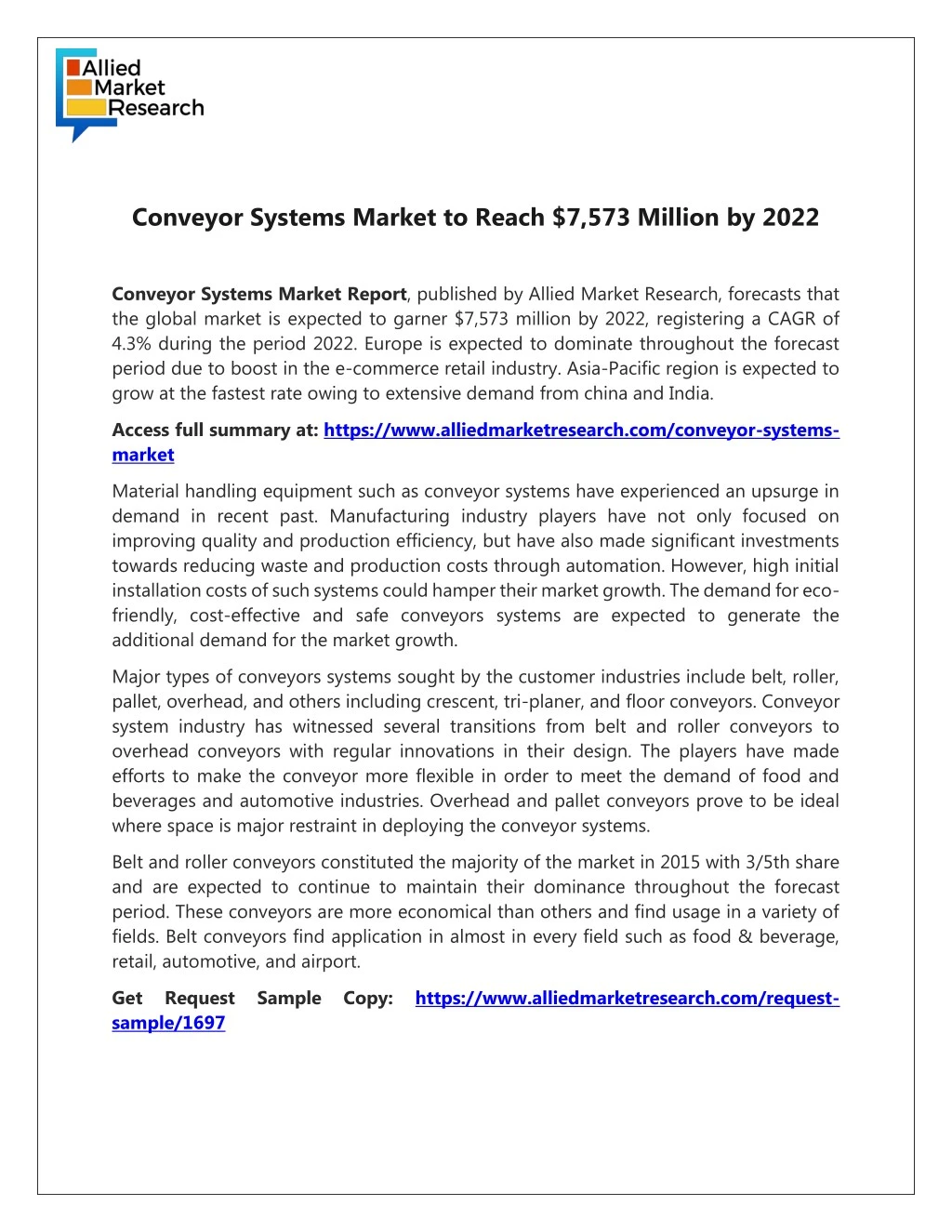 conveyor systems market to reach 7 573 million