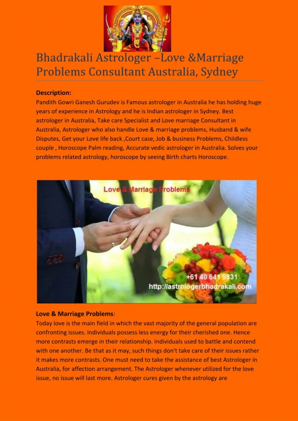 Bhadrakali Astrologer –Love &Marriage Problems Consultant Australia, Sydney