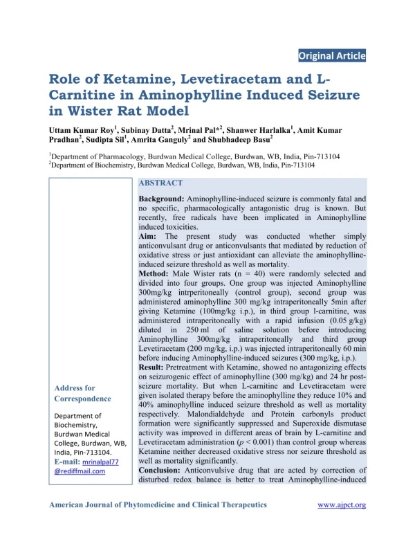 Role of Ketamine, Levetiracetam and LCarnitine in Aminophylline Induced Seizure in Wister Rat Model