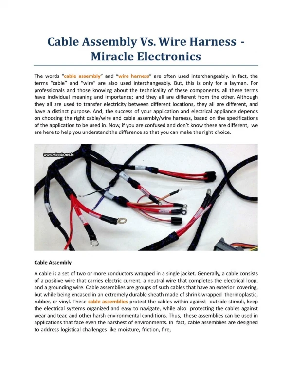 Cable Assembly Vs. Wire Harness - Miracle Electronics