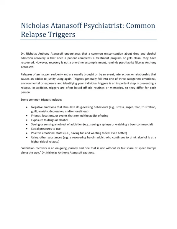 Nicholas Atanasoff Psychiatrist: Common Relapse Triggers