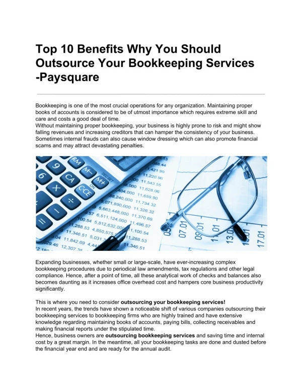 Top 10 Benefits Why You Should Outsource Your Bookkeeping Services -Paysquare