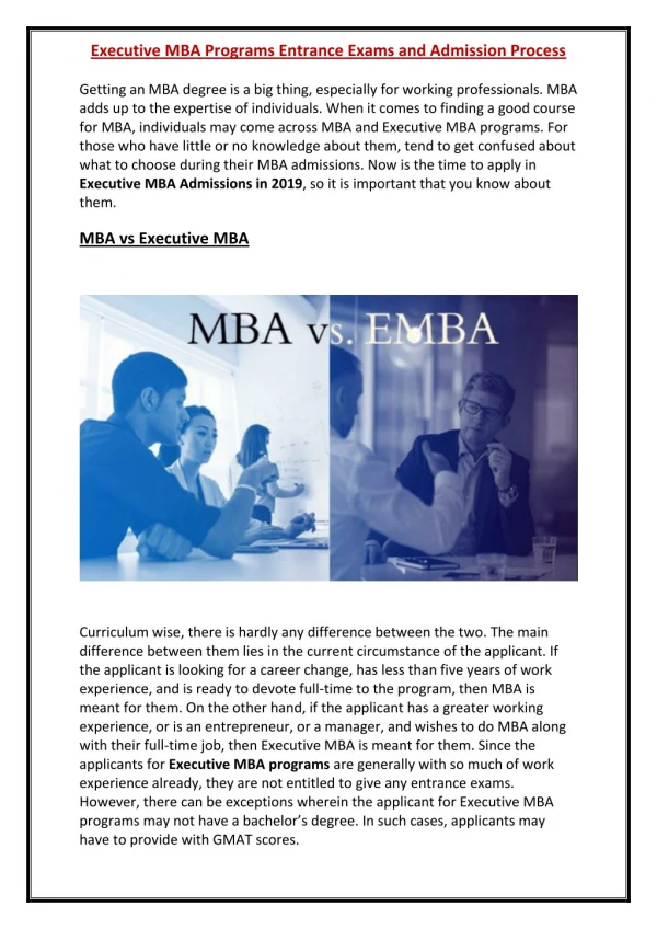 Executive MBA Programs Entrance Exams and Admission Process 2019
