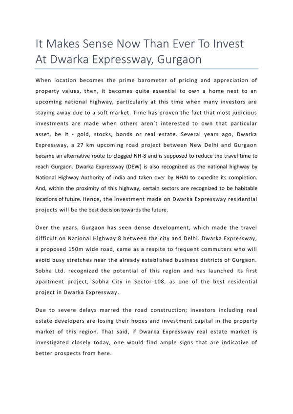 Invest At Dwarka Expressway, Gurgaon