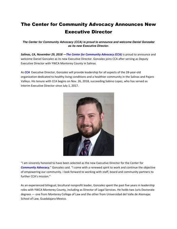 The Center for Community Advocacy Announces New Executive Director