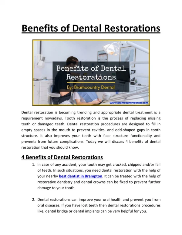 Benefits of Dental Restorations | Best dentist in Brampton