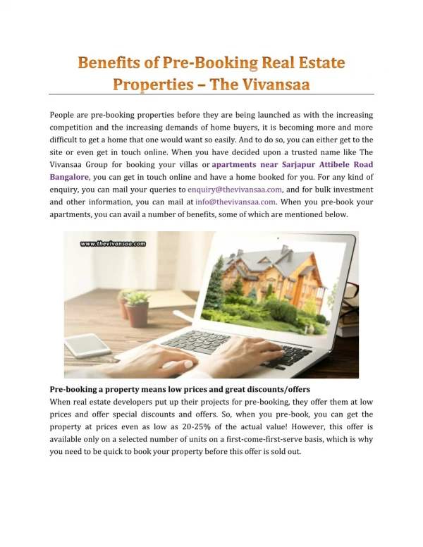 Benefits Of Pre-Booking Real Estate Properties - The Vivansaa