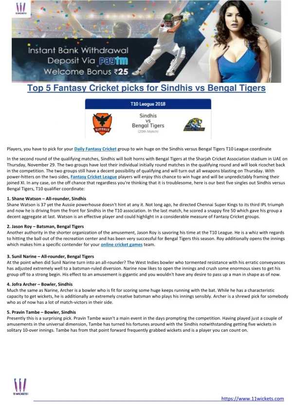 Top 5 Fantasy Cricket picks for Sindhis vs Bengal Tigers
