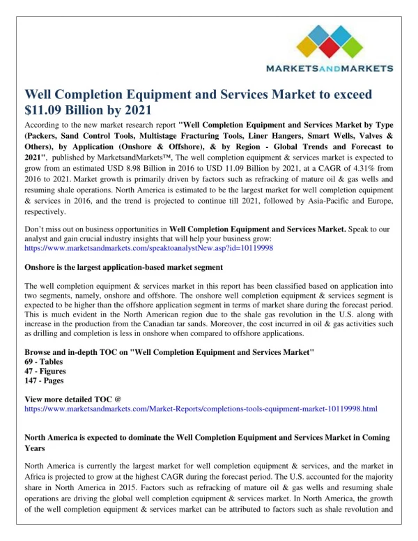 Well Completion Equipment and Services Market to exceed $11.09 Billion by 2021