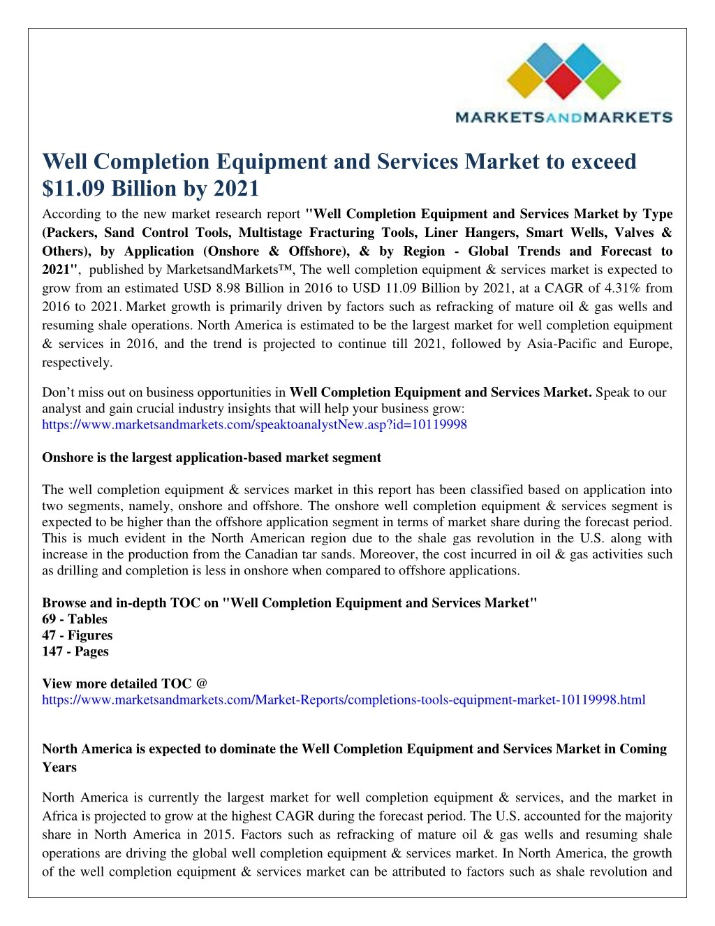 well completion equipment and services market