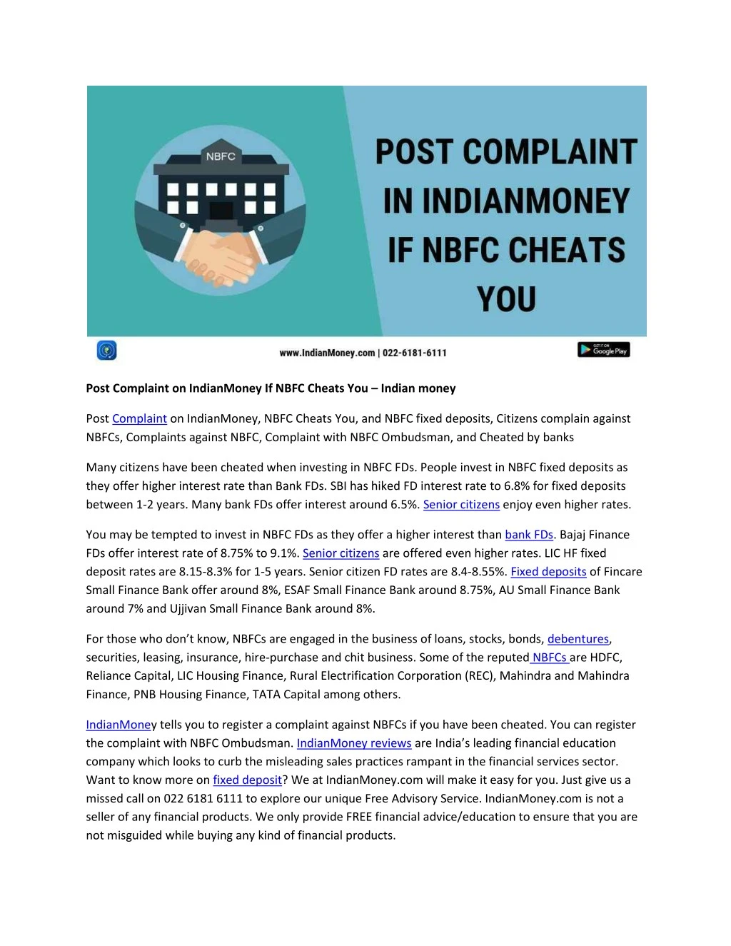 post complaint on indianmoney if nbfc cheats