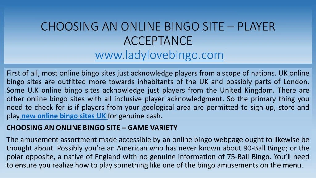 choosing an online bingo site player acceptance www ladylovebingo com