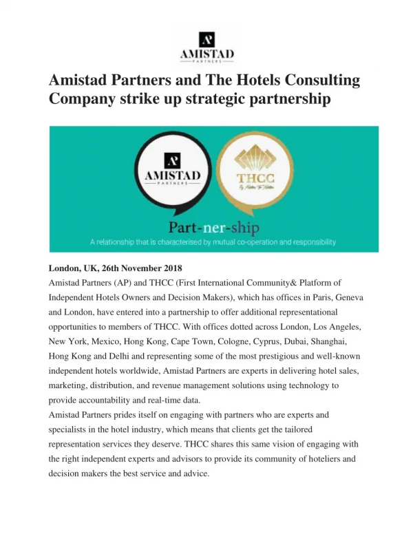 Amistad Partners and The Hotels Consulting Company strike up strategic partnership