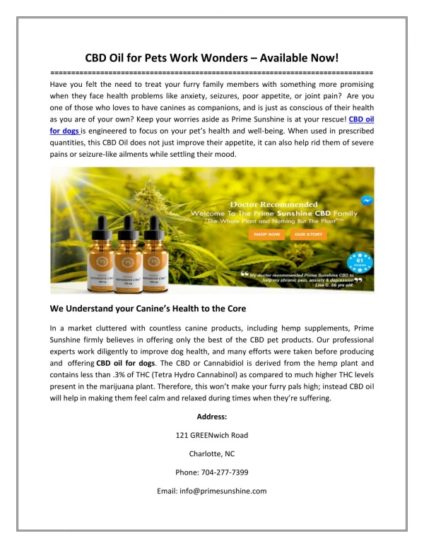 CBD Oil for Pets Work Wonders – Available Now!
