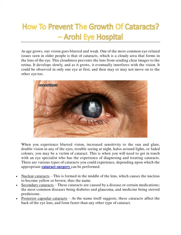 How To Prevent The Growth Of Cataracts? - Arohi Eye Hospital