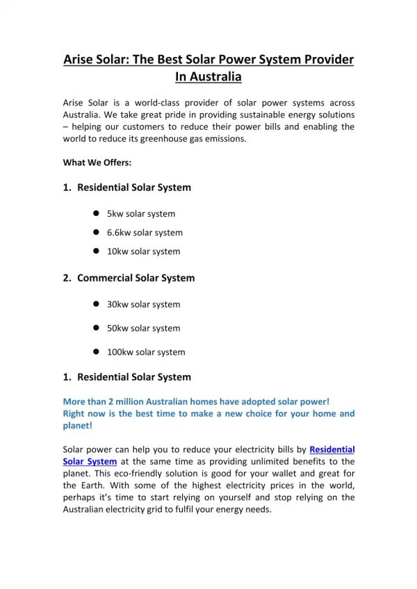 Arise Solar: The Best Solar Power System Provider in Australia