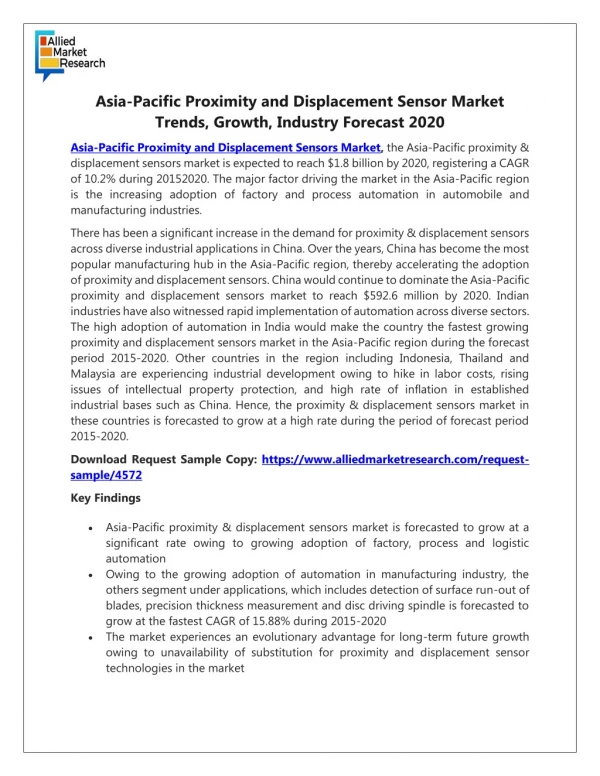Asia-Pacific Proximity and Displacement Sensor Market: Business Growth, Development Factors, Application and Future Pr