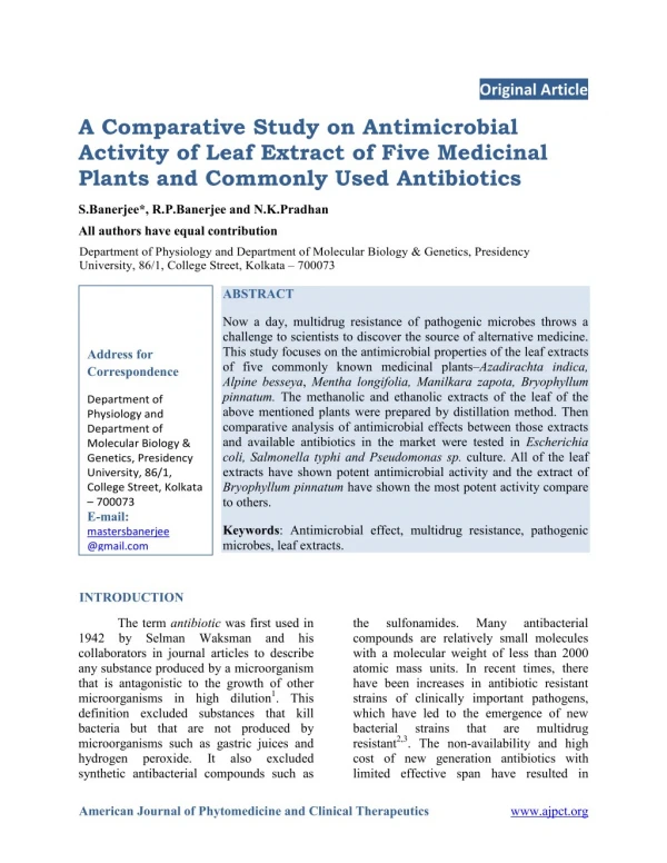 A Comparative Study on Antimicrobial Activity of Leaf Extract of Five Medicinal Plants and Commonly Used Antibiotics