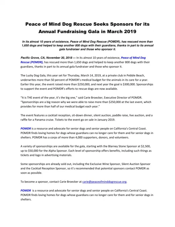Peace of Mind Dog Rescue Seeks Sponsors for its Annual Fundraising Gala in March 2019