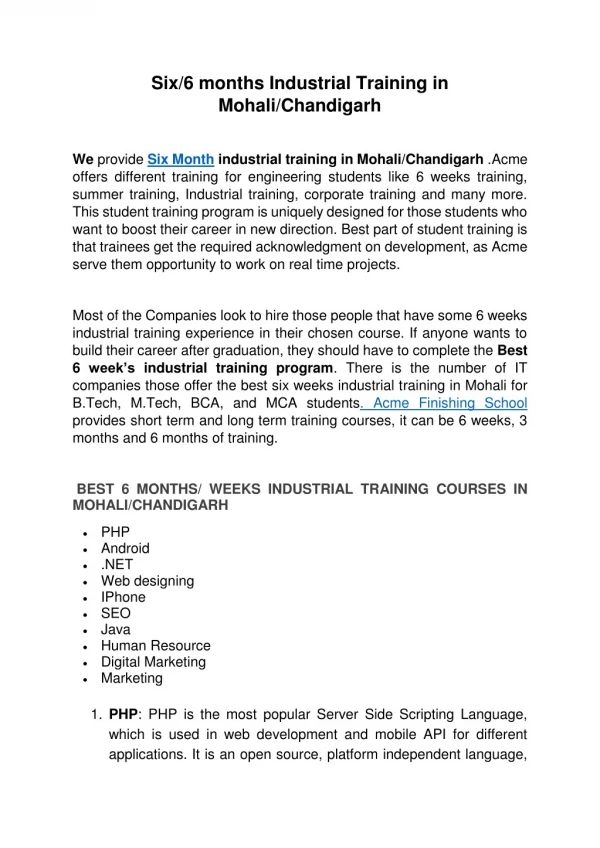 Six /6 months weeks industrial training in Mohali , Chandigarh | Industrial training in Chandigarh