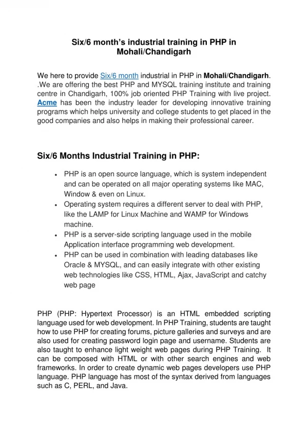 Six/6 months weeks industrial training in PHP | PHP Training in Mohali ,Chandigarh