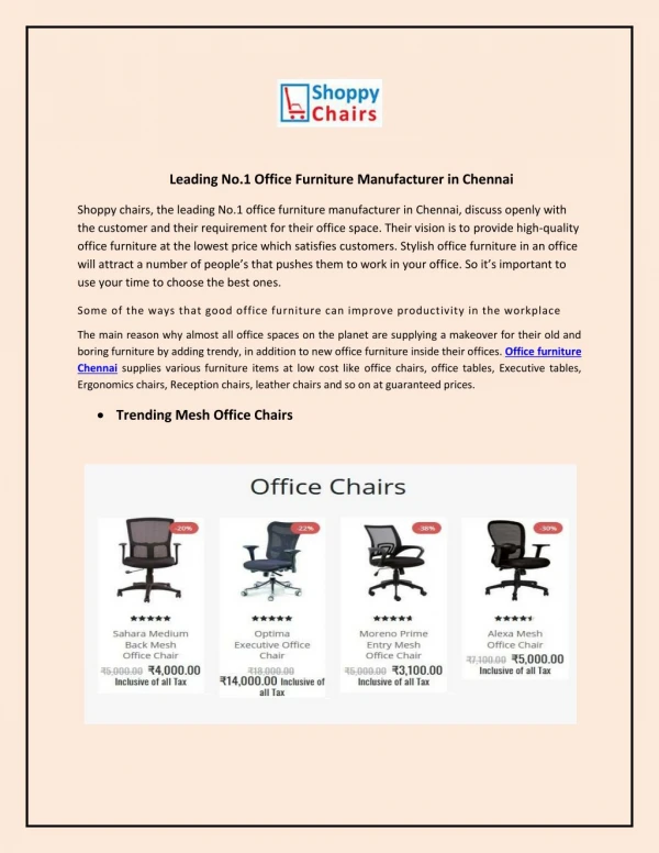 Leading No.1 Office Furniture Manufacturer in Chennai