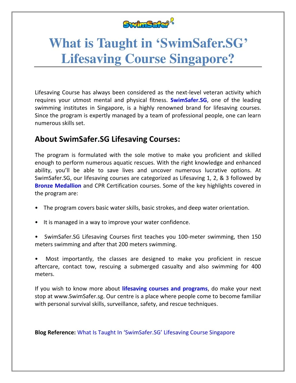 what is taught in swimsafer sg lifesaving course