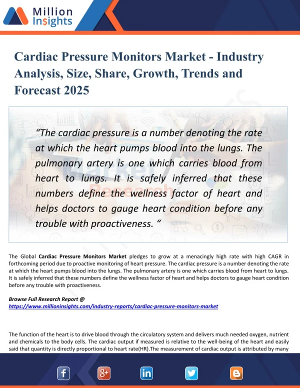 Cardiac Pressure Monitors Market 2025 Forecast Size, Share and Manufacturing Cost Analysis
