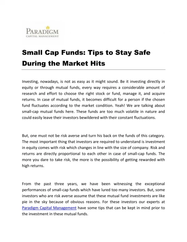 Small Cap Funds: Tips to Stay Safe During the Market Hits