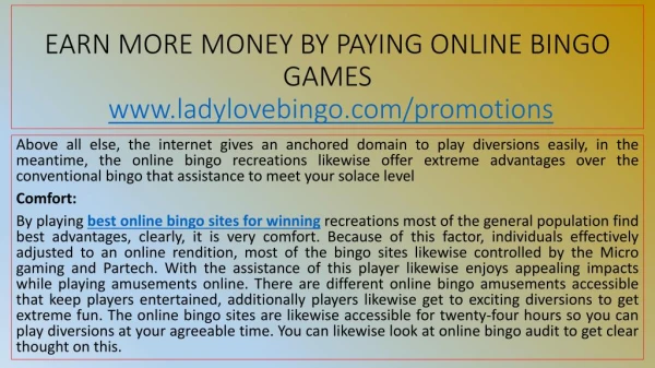 EARN MORE MONEY BY PAYING ONLINE BINGO GAMES