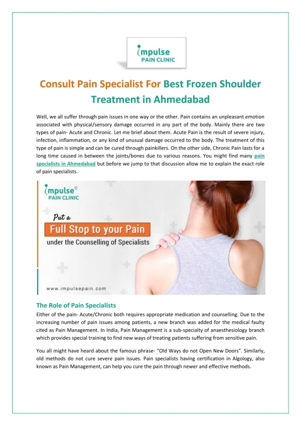 Get Newer & Effective Treatment For Frozen Shoulder Pain