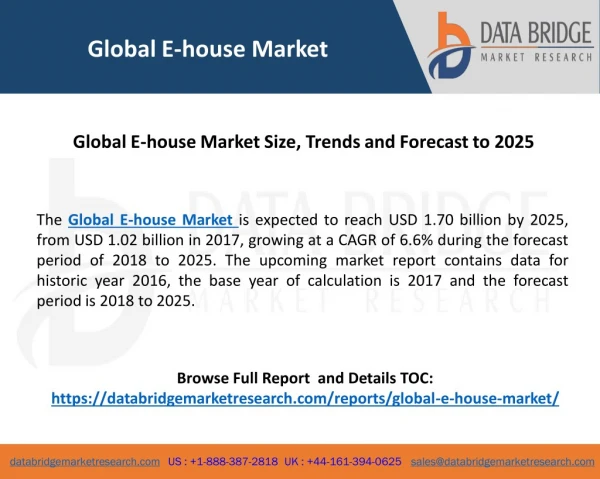 The Global E-house Market is expected to reach USD 1.70 billion by 2025, from USD 1.02 billion in 2017, growing at a CAG