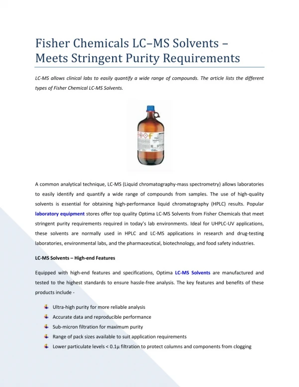Fisher Chemicals LC–MS Solvents – Meets Stringent Purity Requirements