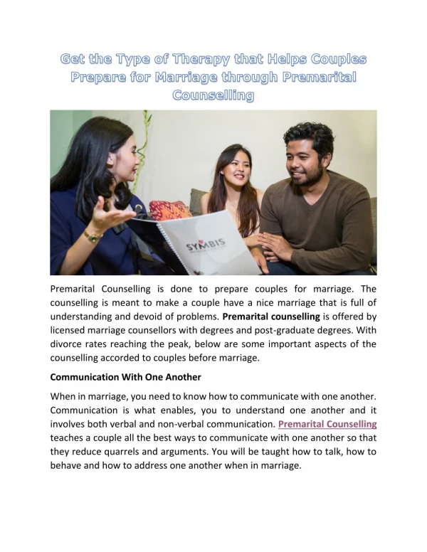 Get the Type of Therapy that Helps Couples Prepare for Marriage through Premarital Counselling