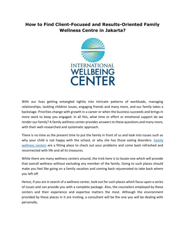 How to Find Client-Focused and Results-Oriented Family Wellness Centre in Jakarta?