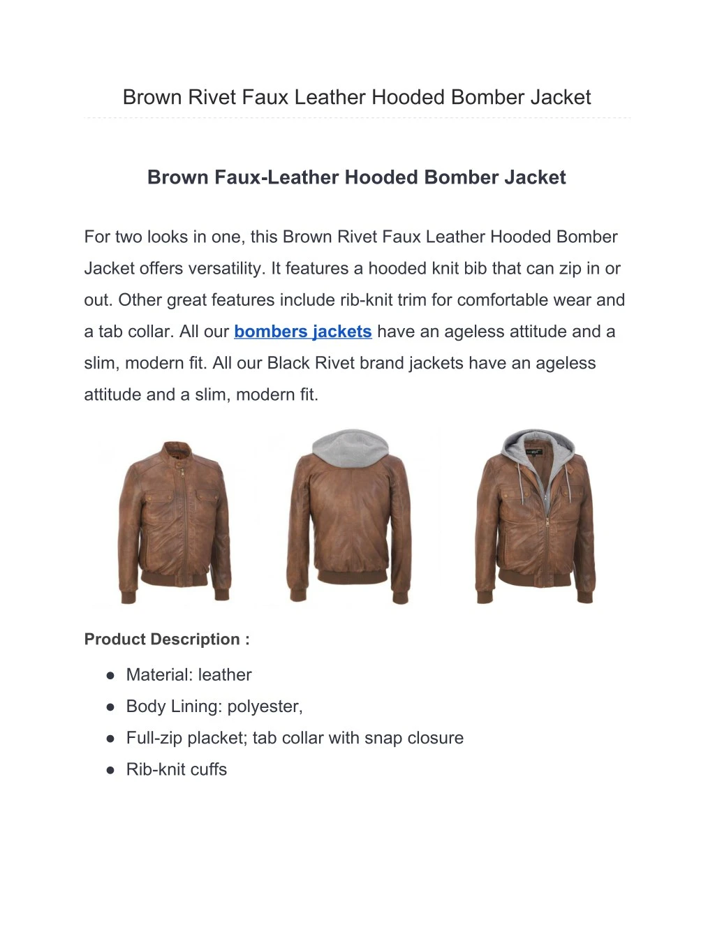 brown rivet faux leather hooded bomber jacket