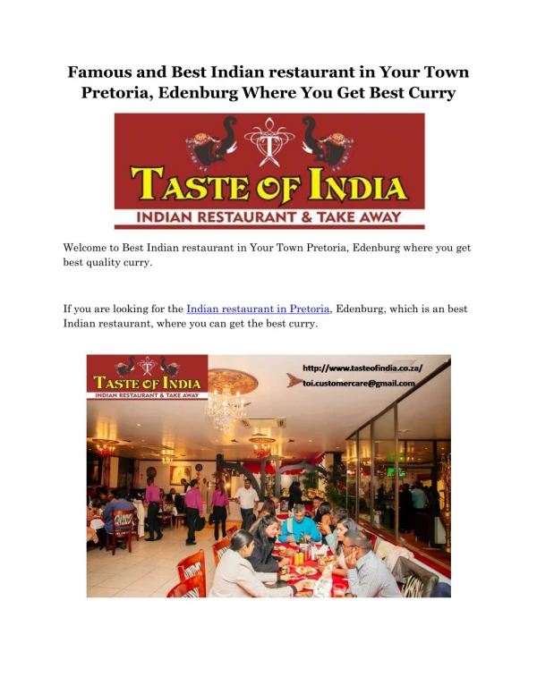 Famous and Best Indian restaurant in Your Town Pretoria, Edenburg Where You Get Best Curry