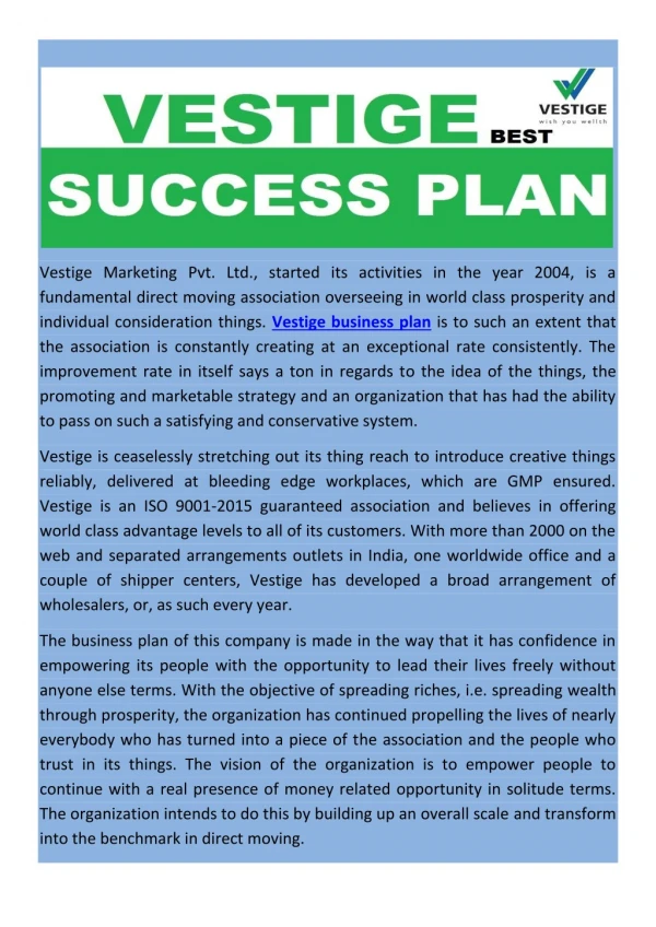 VESTIGE BUSINESS PLAN 2019