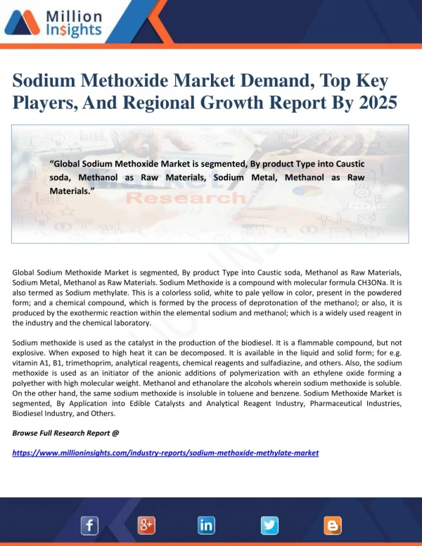 Sodium Methoxide Market Demand, Top Key Players, And Regional Growth Report By 2025