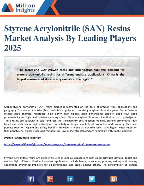 Styrene Acrylonitrile (SAN) Resins Market Analysis By Leading Players 2025