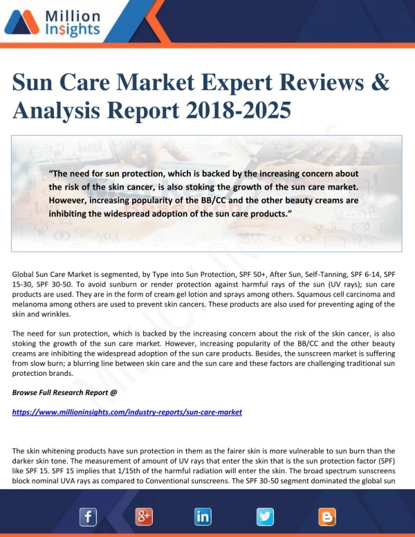 Sun Care Market Expert Reviews & Analysis Report 2018-2025