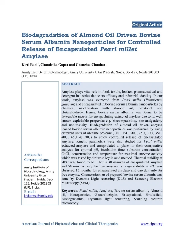 Biodegradation of Almond Oil Driven Bovine Serum Albumin Nanoparticles for Controlled Release of Encapsulated Pearl mill