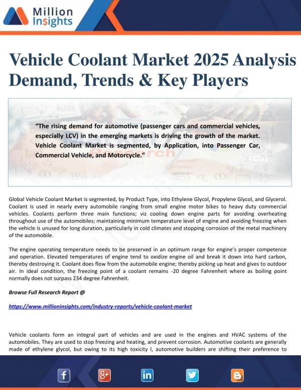 Vehicle Coolant Market 2025 Analysis by Demand, Trends & Key Players