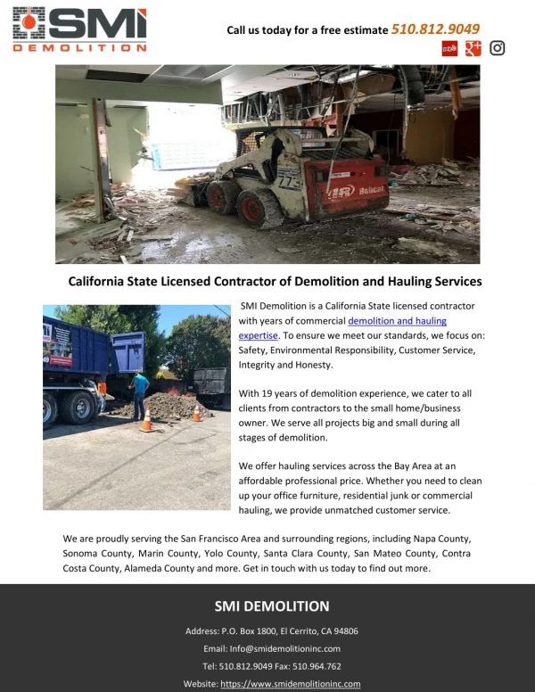 California State Licensed Contractor of Demolition and Hauling Services