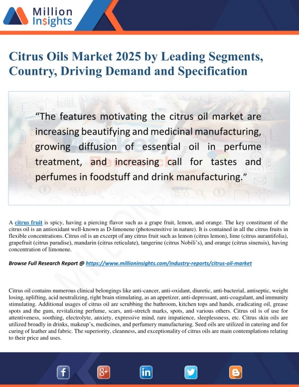 Citrus Oils Market Report 2025 Analysis by Top Key Players, Driving Factors and Challenges