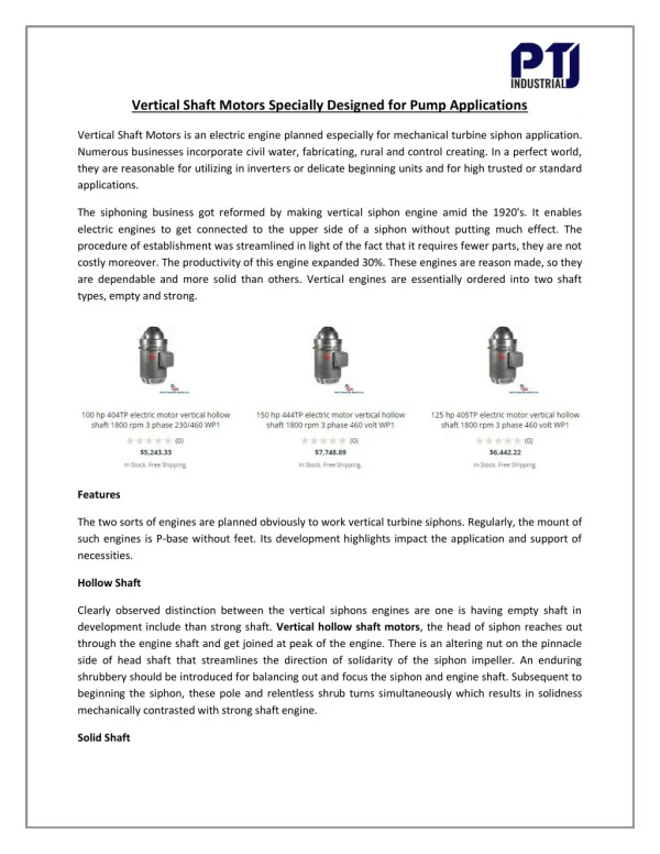 Vertical Shaft Motors Specially Designed for Pump Applications