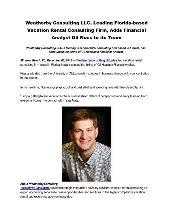 Weatherby Consulting LLC, Leading Florida-based Vacation Rental Consulting Firm, Adds Financial Analyst Gil Nuss to its